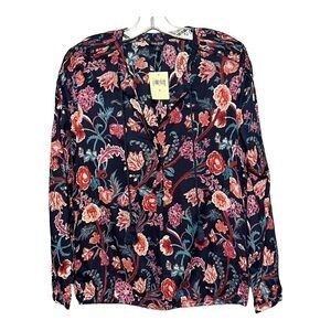 Lucky Brand Floral V-Neck Blouse Small Navy Multi-Color Long Sleeve Popover Top